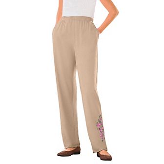 Woman Within Plus Size 7-Day Knit Embroidered Straight-Leg Pull-On Pants