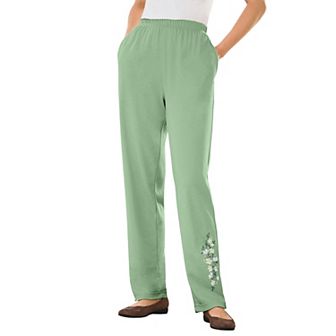Woman Within Plus Size 7-Day Knit Embroidered Straight-Leg Pull-On Pants