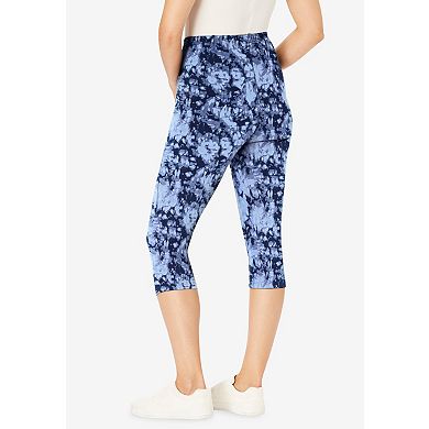 Woman Within Plus Size Stretch-Cotton Knit Pull-On Printed Pocket Capri Leggings