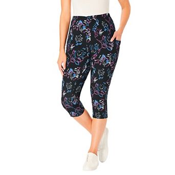 Woman Within Plus Size Stretch-Cotton Knit Pull-On Printed Pocket Capri Leggings
