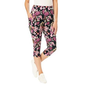 Woman Within Plus Size Stretch-Cotton Knit Pull-On Printed Pocket Capri Leggings