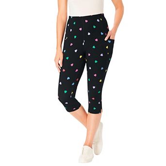 Woman Within Plus Size Stretch-Cotton Knit Pull-On Printed Pocket Capri Leggings