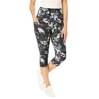 Woman Within Plus Size Stretch-Cotton Knit Pull-On Printed Pocket Capri Leggings