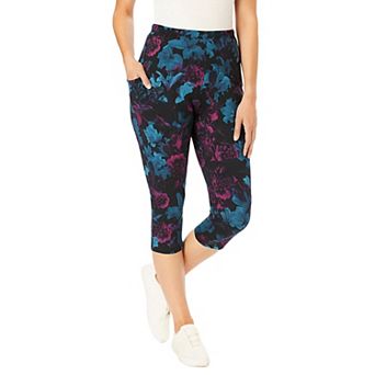 Woman Within Plus Size Stretch-Cotton Knit Pull-On Printed Pocket Capri Leggings