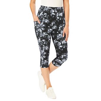 Woman Within Plus Size Stretch-Cotton Knit Pull-On Printed Pocket Capri Leggings