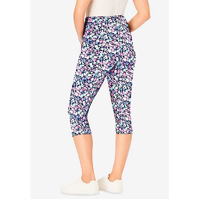Woman Within Plus Size Petite Stretch-Cotton Knit Pull-On Printed Pocket Capri Leggings