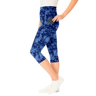 Woman Within Plus Size Petite Stretch-Cotton Knit Pull-On Printed Pocket Capri Leggings