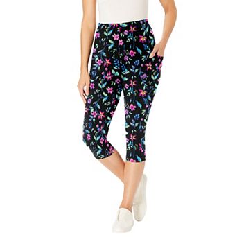 Woman Within Plus Size Petite Stretch-Cotton Knit Pull-On Printed Pocket Capri Leggings