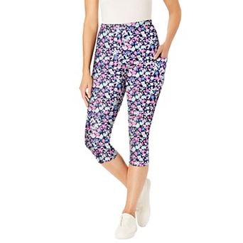 Woman Within Plus Size Petite Stretch-Cotton Knit Pull-On Printed Pocket Capri Leggings