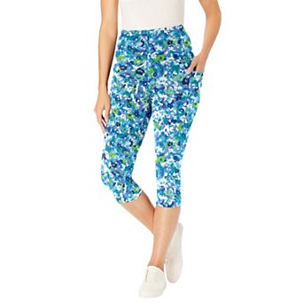 Woman Within Plus Size Petite Stretch-Cotton Knit Pull-On Printed Pocket Capri Leggings