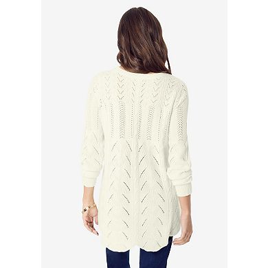 Roaman's Women's Plus Size Scallop Hem Pointelle Sweater
