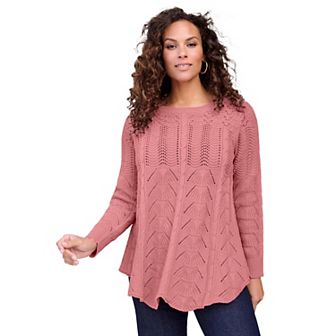 Roaman's Women's Plus Size Scallop Hem Pointelle Sweater
