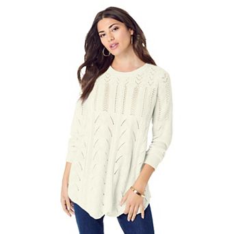 Roaman's Women's Plus Size Scallop Hem Pointelle Sweater