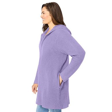 Woman Within Plus Size Hoodie Shaker Zipper Cardigan Sweater