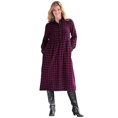 navy blue dress for baby girl Woman Within Plus Size Plaid Flannel A-Line Shirtdress - Deep Claret Plaid