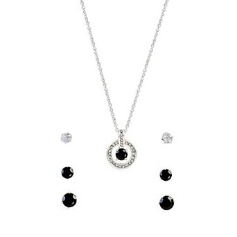 Danecraft Silver Tone Cubic Zirconia 3-Pair Earrings & Round Pendant Necklace Set
