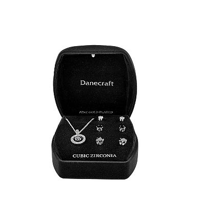 Danecraft Silver Tone Cubic Zirconia 3-Pair Earrings & Round Pendant Necklace Set