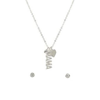 Danecraft Silver Tone Cubic Zirconia "Mama" Necklace & Stud Earrings Set