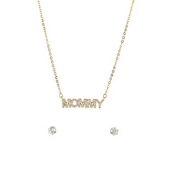Danecraft Gold Tone Cubic Zirconia "Mommy" Necklace & Stud Earrings Set