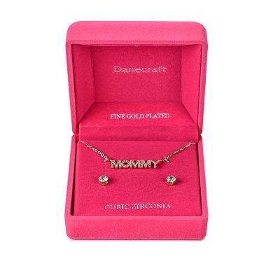 Danecraft Gold Tone Cubic Zirconia "Mommy" Necklace & Stud Earrings Set