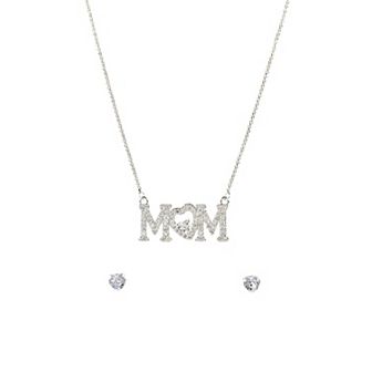 Danecraft Silver Tone Cubic Zirconia "Mom" Necklace & Stud Earrings Set