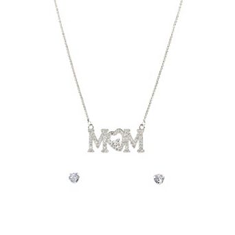 Danecraft Silver Tone Cubic Zirconia "Mom" Necklace & Stud Earrings Set