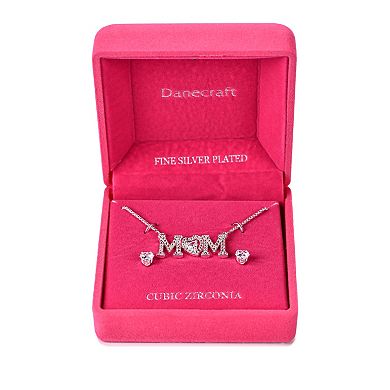 Danecraft Silver Tone Cubic Zirconia "Mom" Necklace & Stud Earrings Set