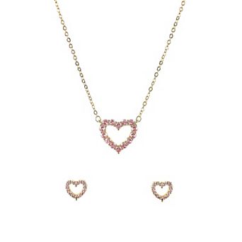 Danecraft Gold Tone Pink Cubic Zirconia Heart Necklace & Stud Earrings Set