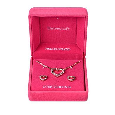Danecraft Gold Tone Pink Cubic Zirconia Heart Necklace & Stud Earrings Set