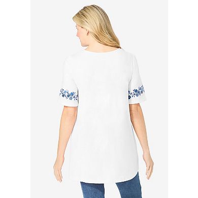 Woman Within Plus Size Embroidered Split-Neck Tunic