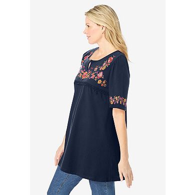 Woman Within Plus Size Embroidered Split-Neck Tunic