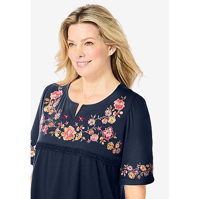 Woman Within Plus Size Embroidered Split-Neck Tunic