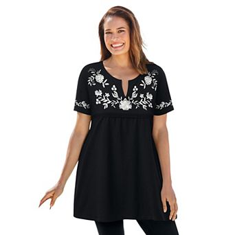 Woman Within Plus Size Embroidered Split-Neck Tunic