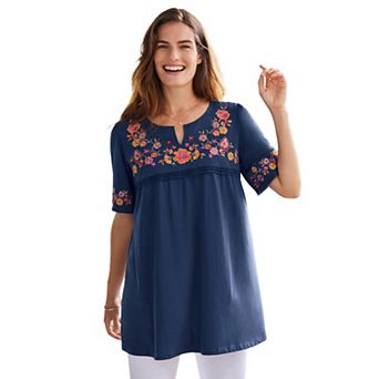 Woman Within Plus Size Embroidered Split-Neck Tunic