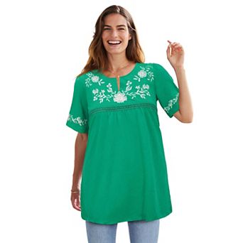Woman Within Plus Size Embroidered Split-Neck Tunic