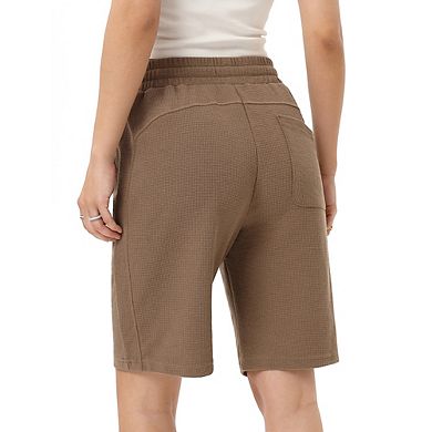 Women's Bermuda Shorts with Zipper Pockets Casual Drawstring Jersey Shorts Elastic Waist Waffle