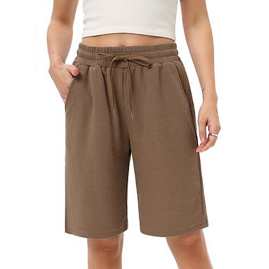 Women's Bermuda Shorts with Zipper Pockets Casual Drawstring Jersey Shorts Elastic Waist Waffle