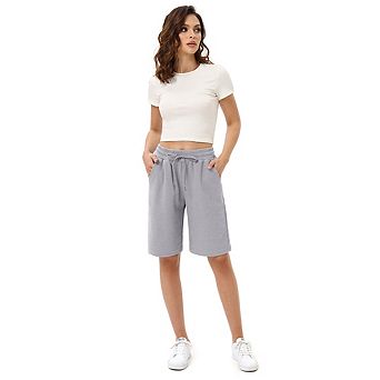 Women's Bermuda Shorts with Zipper Pockets Casual Drawstring Jersey Shorts Elastic Waist Waffle