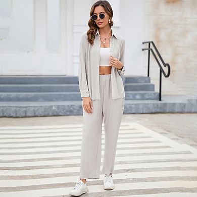 Women Two Piece Casual Outfits Y2k Loungewear Pleated Wide Leg Pants Button Down Streetwear Set