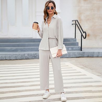 Women Two Piece Casual Outfits Y2k Loungewear Pleated Wide Leg Pants Button Down Streetwear Set