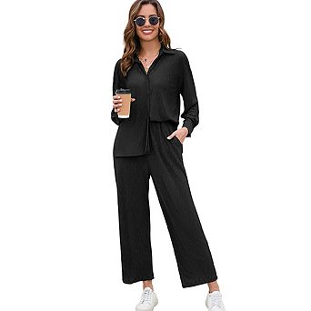 Women Two Piece Casual Outfits Y2k Loungewear Pleated Wide Leg Pants Button Down Streetwear Set