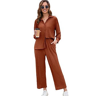 Women Two Piece Casual Outfits Y2k Loungewear Pleated Wide Leg Pants Button Down Streetwear Set