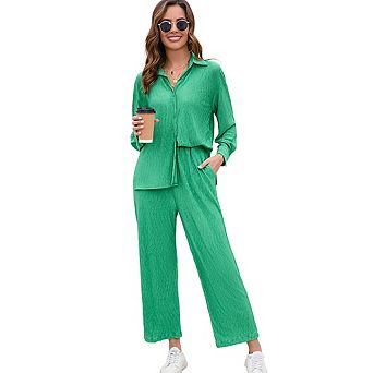 Women Two Piece Casual Outfits Y2k Loungewear Pleated Wide Leg Pants Button Down Streetwear Set