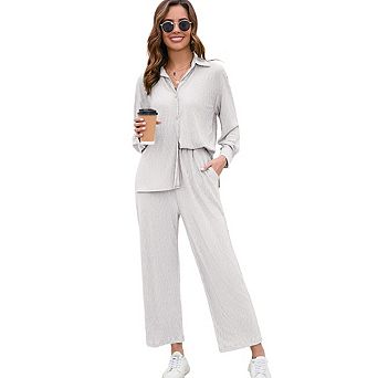 Women Two Piece Casual Outfits Y2k Loungewear Pleated Wide Leg Pants Button Down Streetwear Set