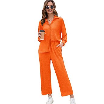 Women Two Piece Casual Outfits Y2k Loungewear Pleated Wide Leg Pants Button Down Streetwear Set
