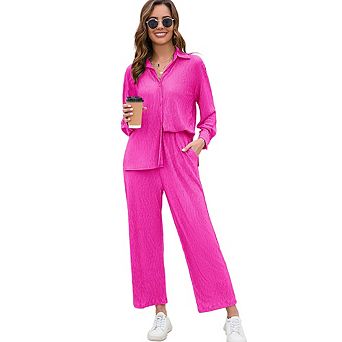Women Two Piece Casual Outfits Y2k Loungewear Pleated Wide Leg Pants Button Down Streetwear Set