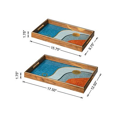 Glitzhome Set of 2 Rectangle Wooden & Plastic Decorative Trays with Handles