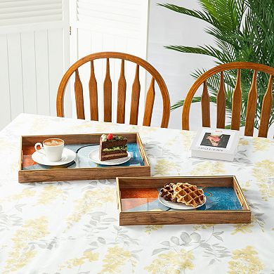 Glitzhome Set of 2 Rectangle Wooden & Plastic Decorative Trays with Handles