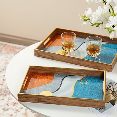 Glitzhome Set of 2 Rectangle Wooden & Plastic Decorative Trays with Handles