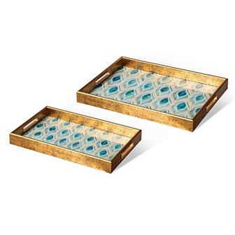 Glitzhome Set of 2 Rectangle Wooden & Plastic Decorative Trays with Handles
